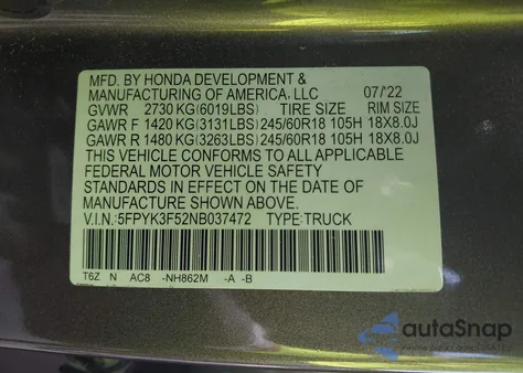 2022 Honda Ridgeline Rtl from USA, damaged, VIN 5FPYK3F52NB037472